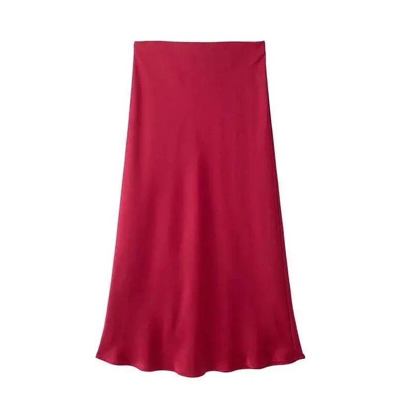 Elegant red satin midi skirt for women's fashion, smooth drape, versatile style