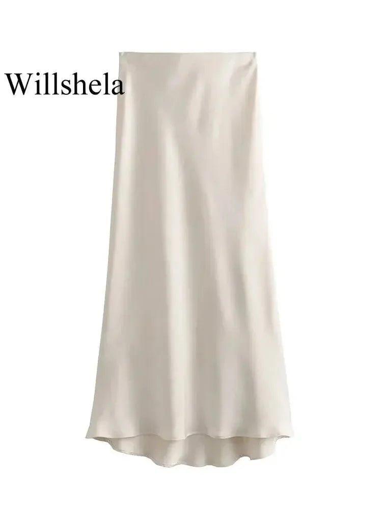 Elegant cream satin midi skirt for women's fashion