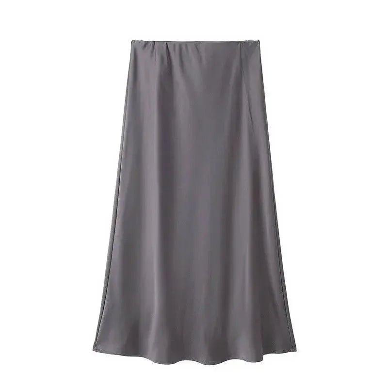 Gray satin midi skirt for women's fashion