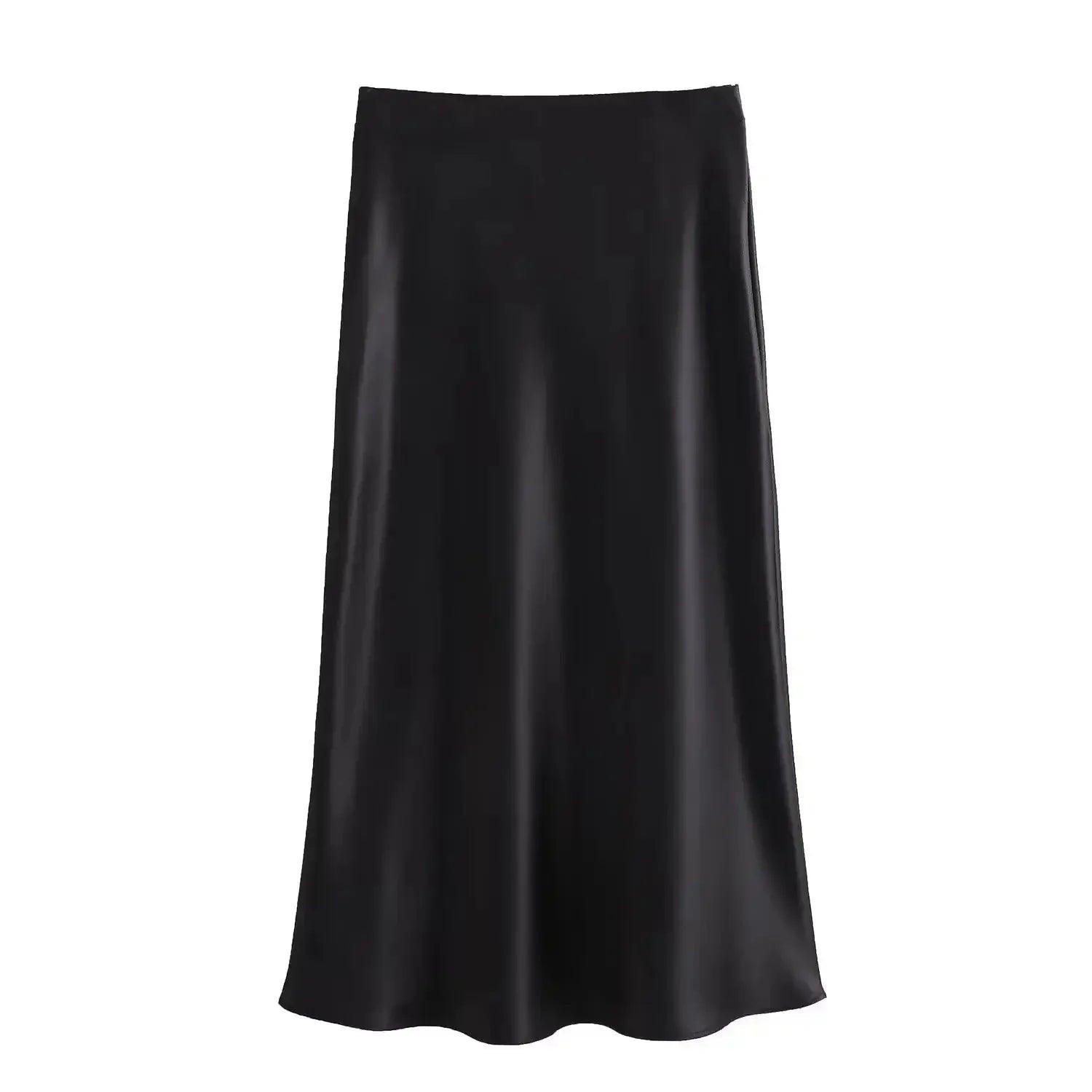 Black satin midi skirt for women's fashion