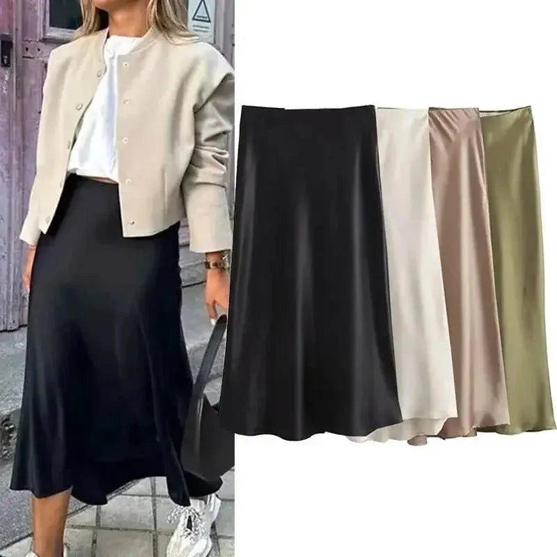 Women's satin midi skirt in black, cream, beige, olive — stylish & elegant fashion wear