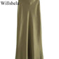 Olive satin maxi skirt for women, elegant and flowing, perfect for fashion and beauty looks