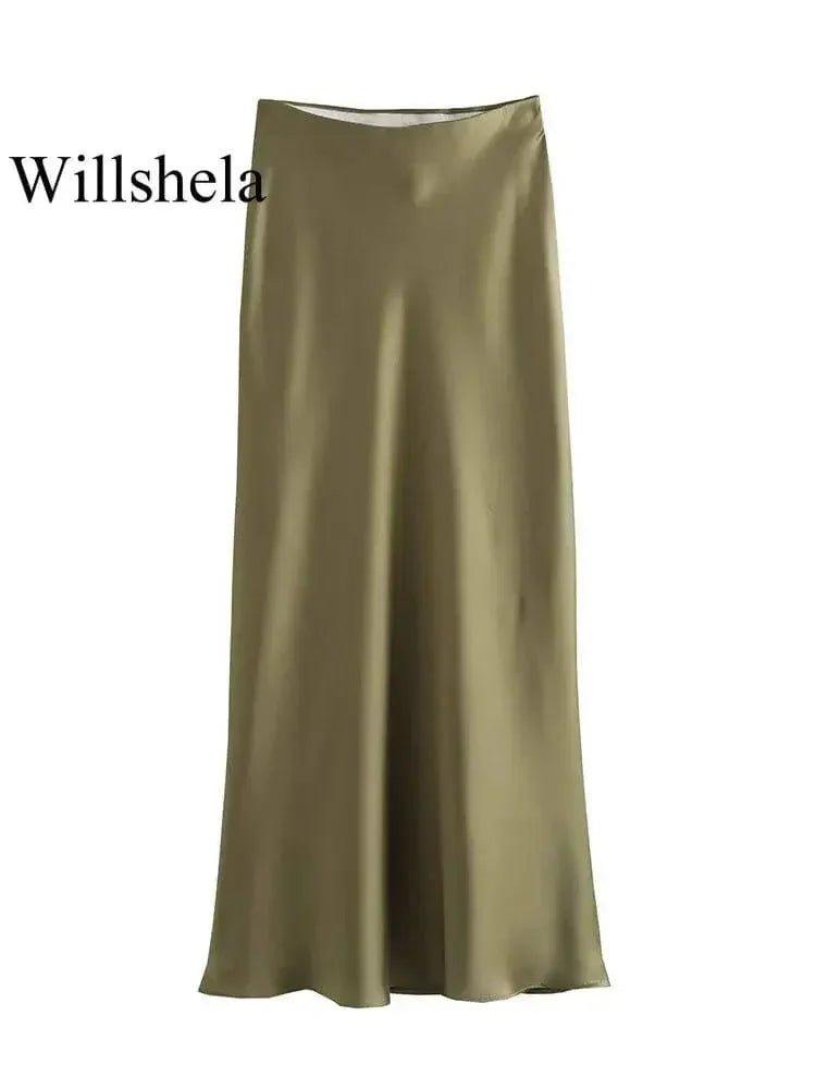 Olive satin maxi skirt for women, elegant and flowing, perfect for fashion and beauty looks