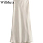 Cream satin midi skirt with high-low hem, elegant women's fashion