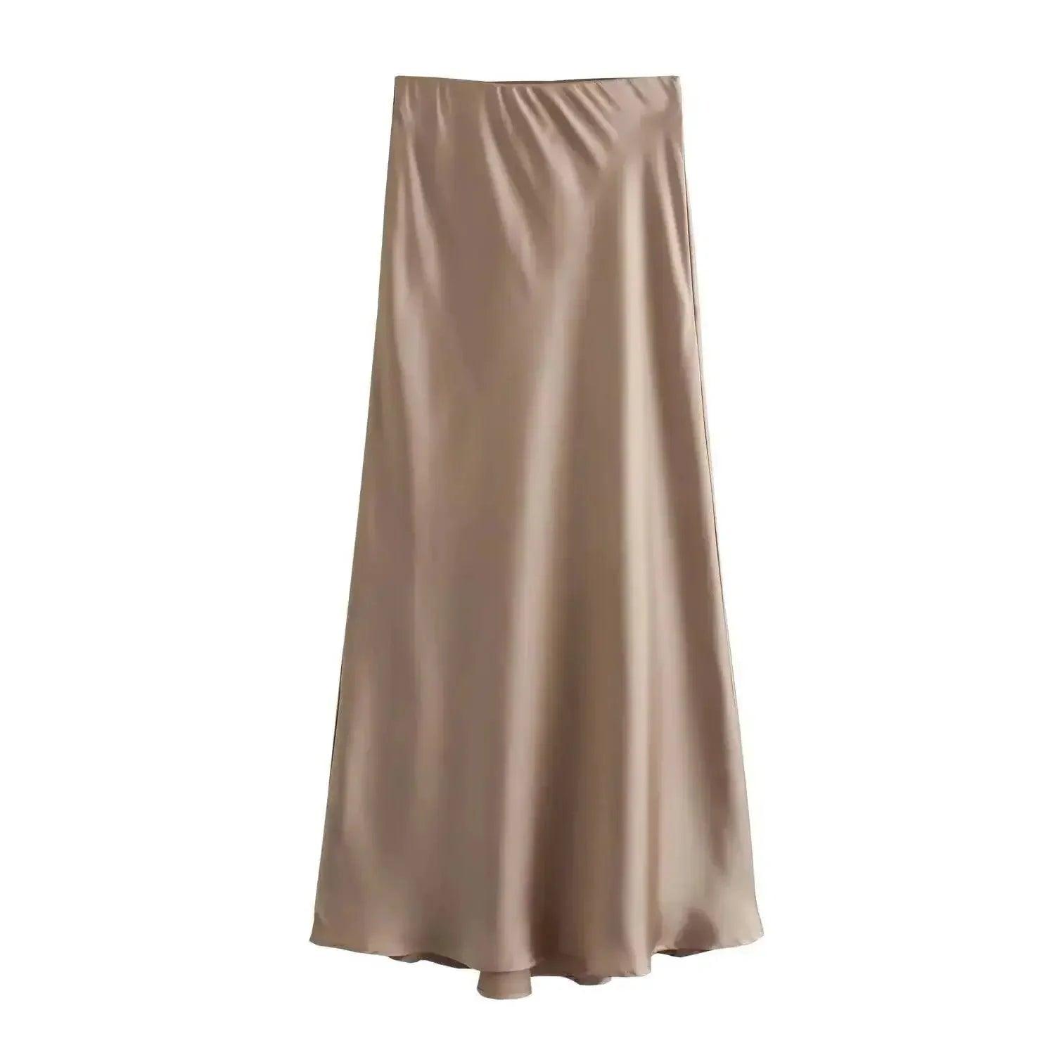 Elegant beige satin maxi skirt for women’s fashion, smooth drape and luxurious texture