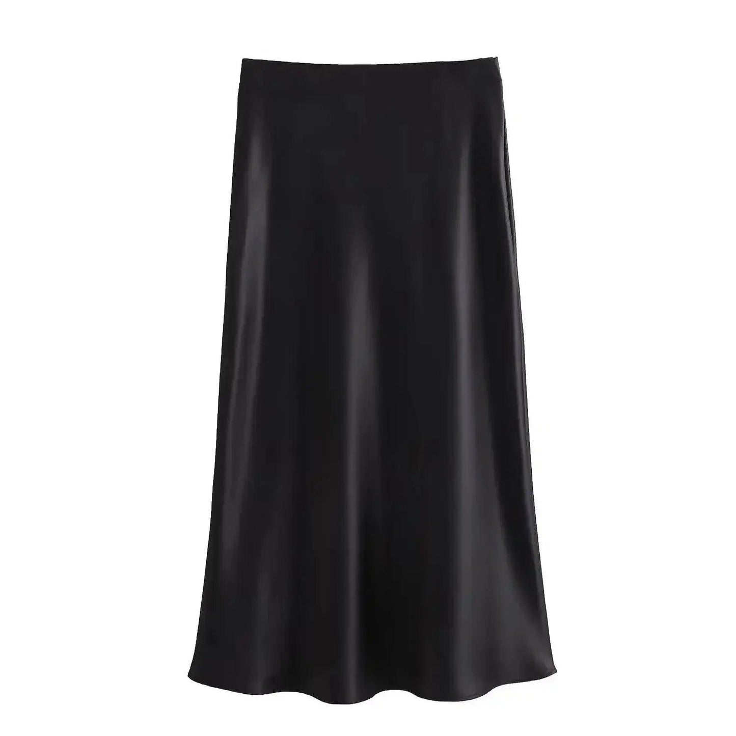 Black satin midi skirt for women, elegant fashion staple