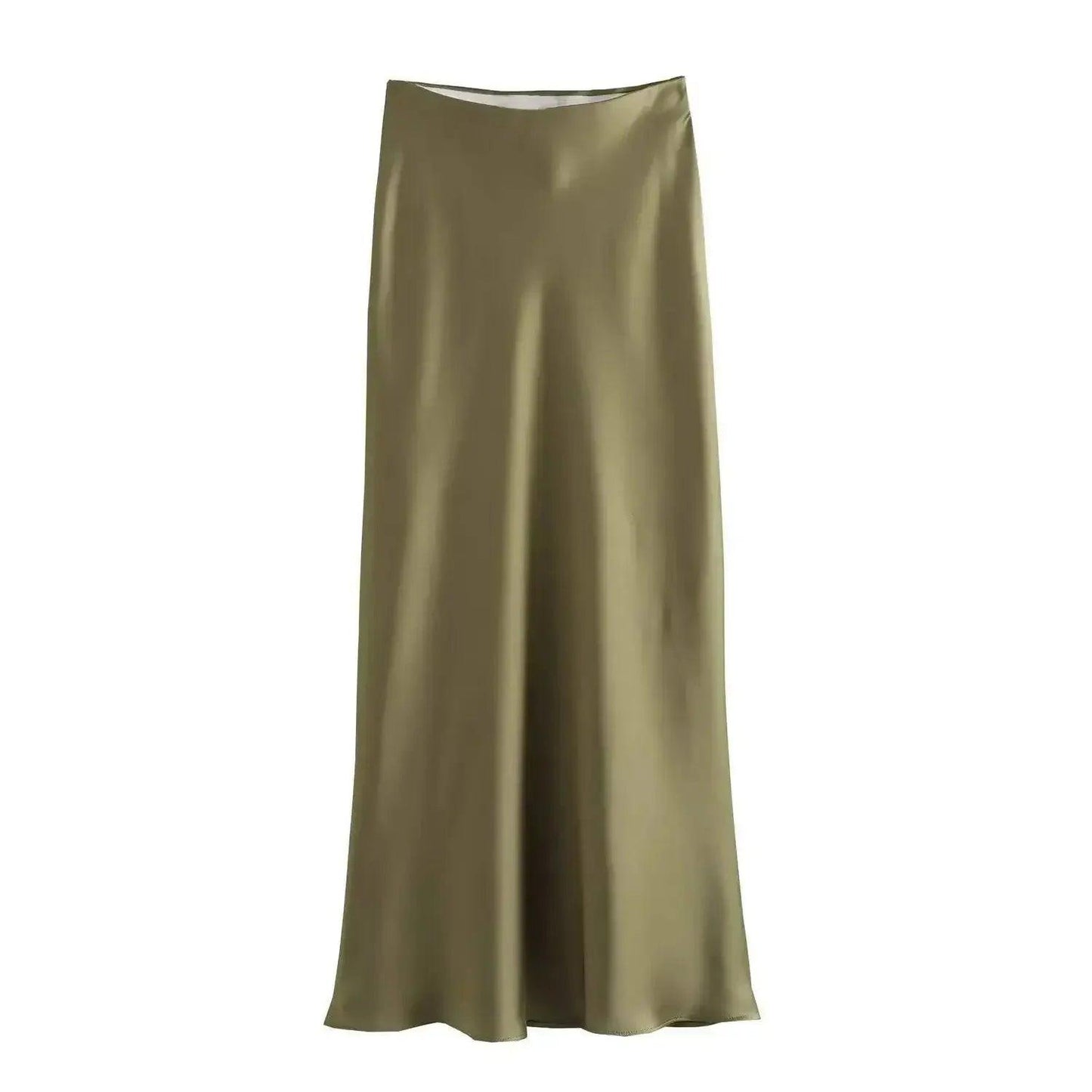Olive green satin maxi skirt for women, elegant and flowing, perfect for fashion and beauty looks.