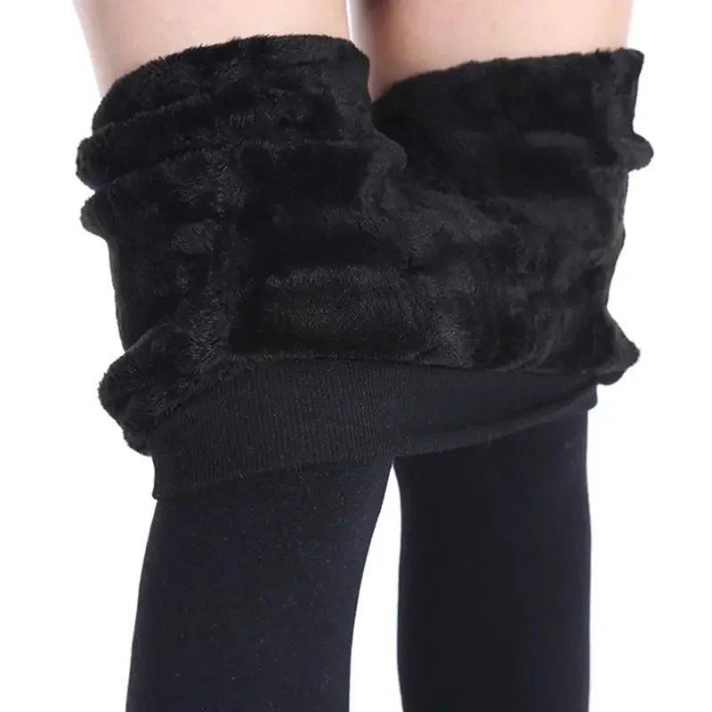Black fuzzy thermal leggings with ribbed waistband for women's fashion