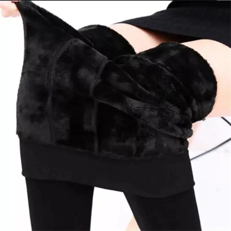 Black fuzzy lined leggings for women, cozy winter fashion wear