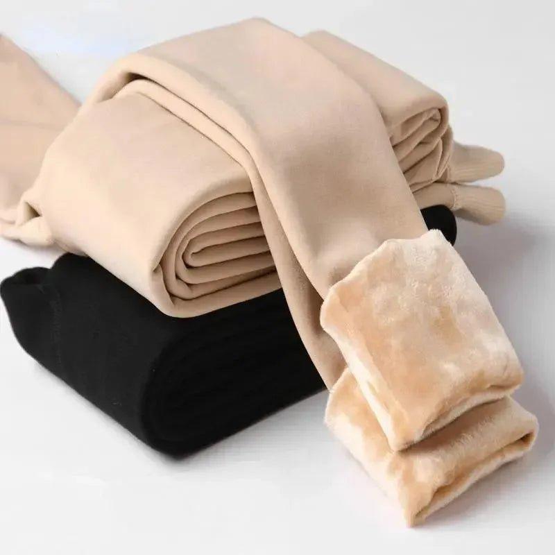 Women's fleece-lined tights in beige and black, cozy winter leggings for fashion and warmth