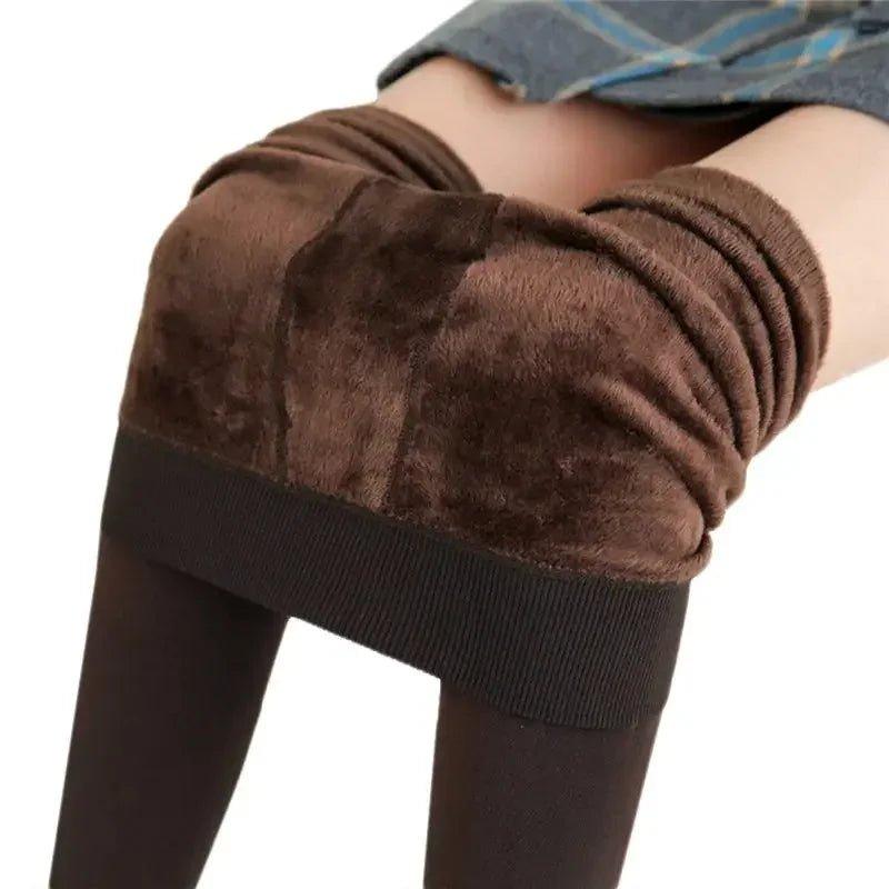 Brown fuzzy thermal leggings with ribbed waistband, women's fashion