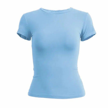 Light blue women's fitted t-shirt with short sleeves, ideal for casual fashion and everyday wear.