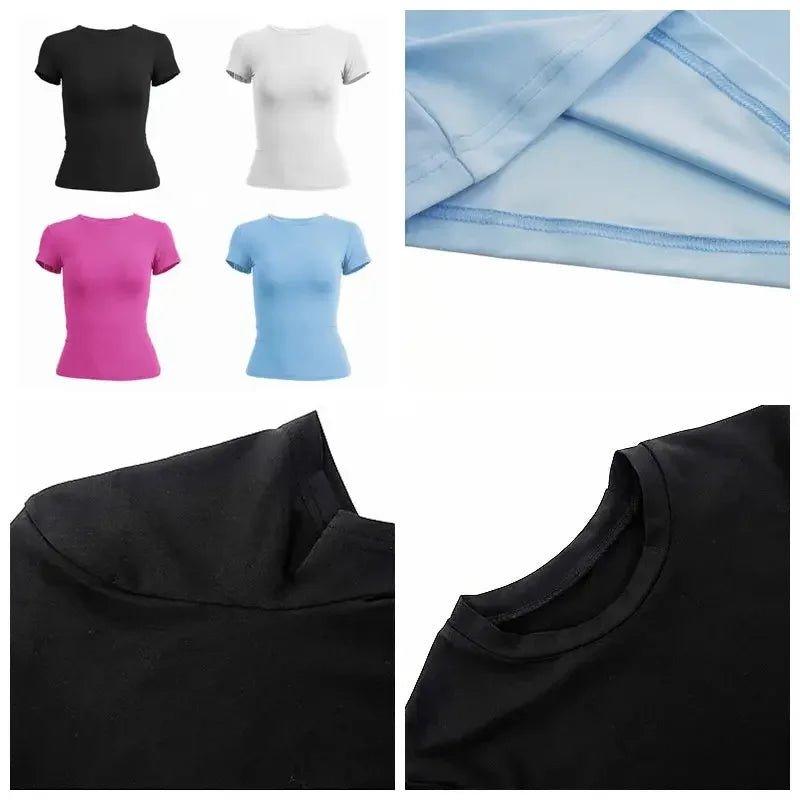 Women's fashion t-shirts in black, white, pink, and blue with close-up stitching details