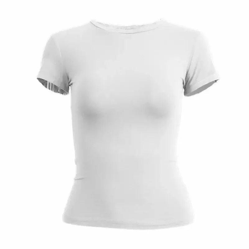 White women's fitted t-shirt with ruffled short sleeves, casual fashion top