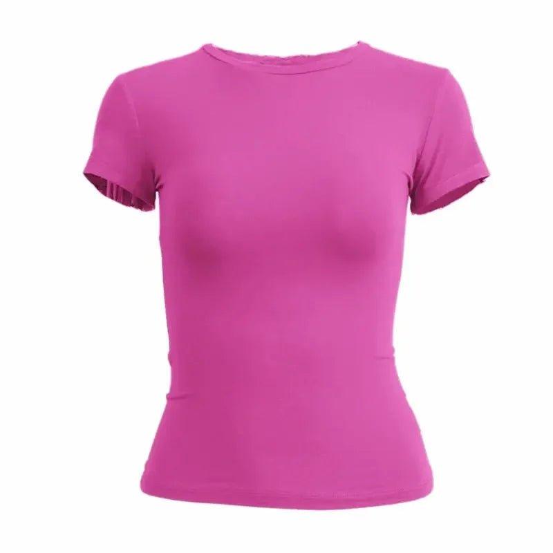 Pink women's fitted t-shirt with ruffled sleeves, casual fashion top