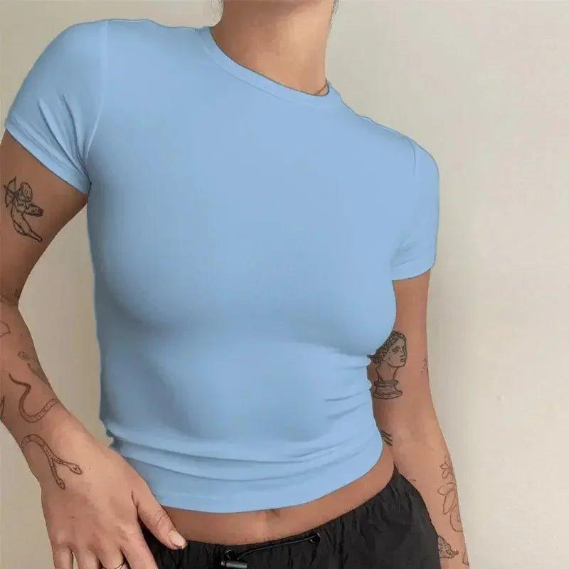 Light blue women's fitted crop top with short sleeves, stylish everyday fashion
