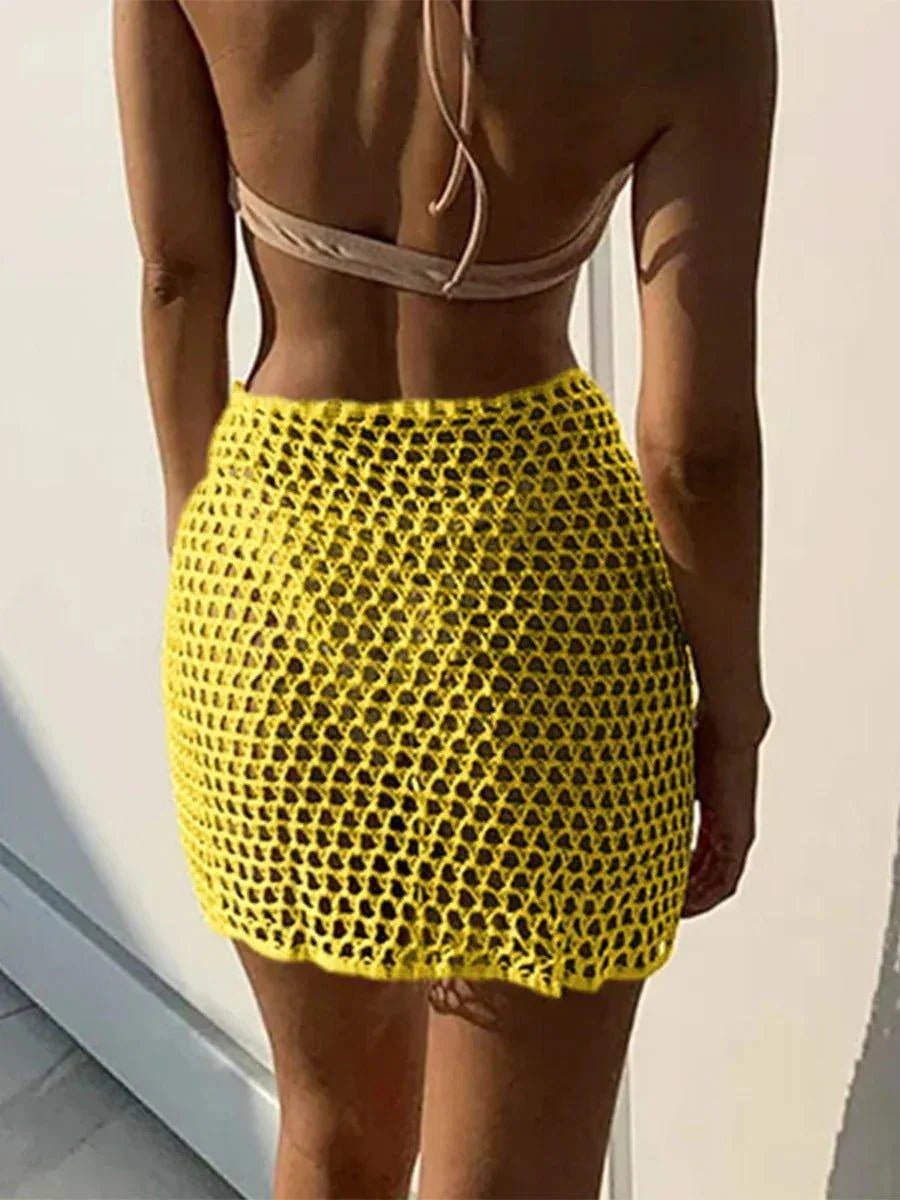 Women Beach Skirt Hollowed Solid Black White Yellow Green Knitted Mini Skirt For Women Summer Vacation Seaside Cover - Up Skirt - Womans Fashion