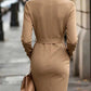 Beige long-sleeve belted dress with pockets, stylish women's fashion for urban streetwear