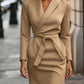 Beige wrap dress with belt, long sleeves, V-neck, stylish women's fashion for office or evening wear