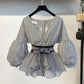Striped women's blouse with puff sleeves and waist tie, fashion top for casual or office wear