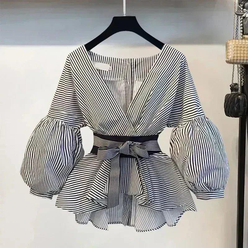 Striped women's blouse with puff sleeves and waist tie, fashion top for casual or office wear