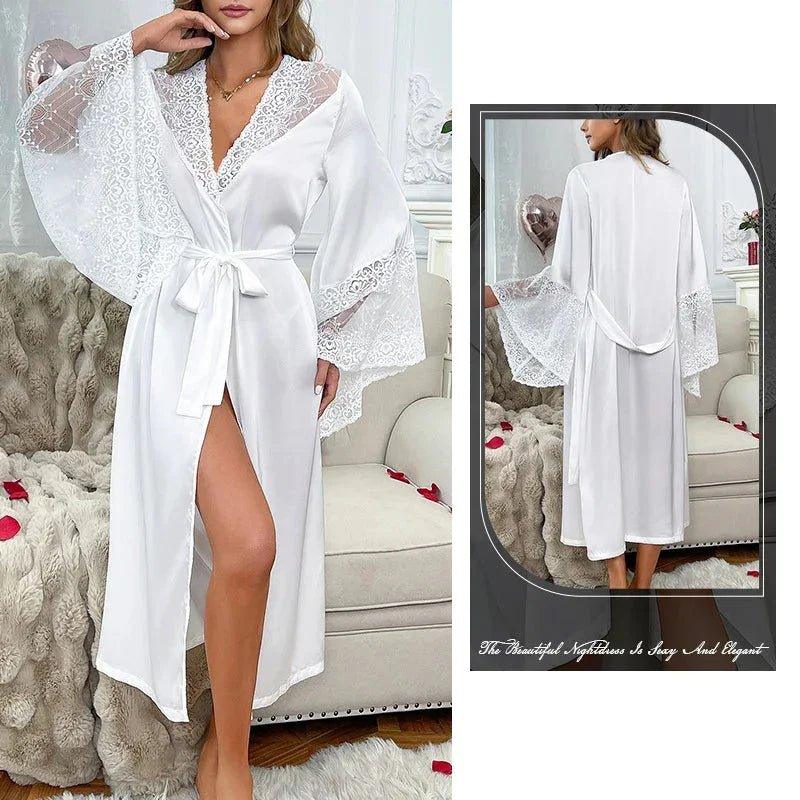Elegant white lace robe with V-neck and tie waist, perfect for women's fashion and cozy loungewear