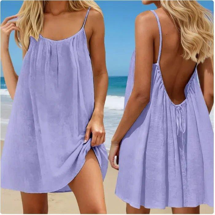 Lavender beach cover-up dress with open back and side slit, perfect for summer fashion