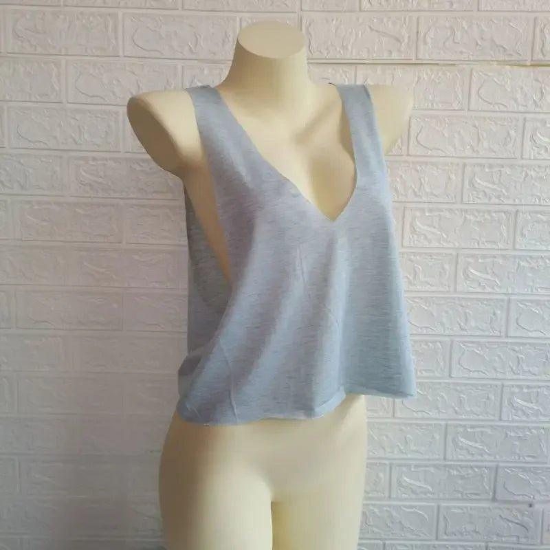 Light gray women's V-neck crop tank top on mannequin, casual fashion wear