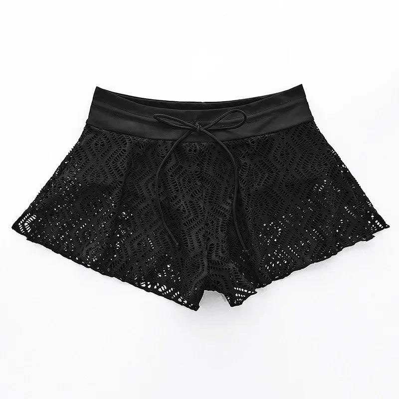 Black lace shorts with drawstring waist, women's fashion