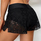 Black lace women's shorts with satin waistband, stylish and sexy fashion wear