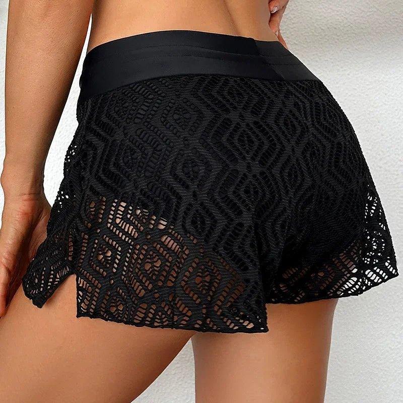 Black lace women's shorts with satin waistband, stylish and sexy fashion wear