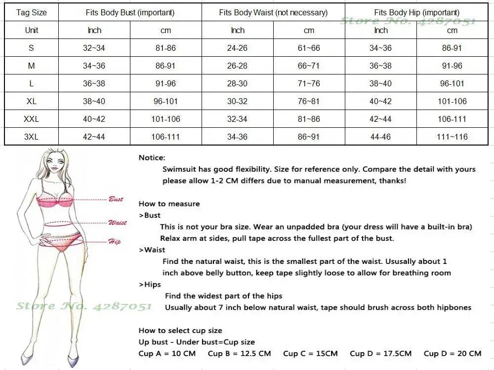 Women's swimsuit size chart with bust, waist, hip measurements and fitting guide for fashion swimwear