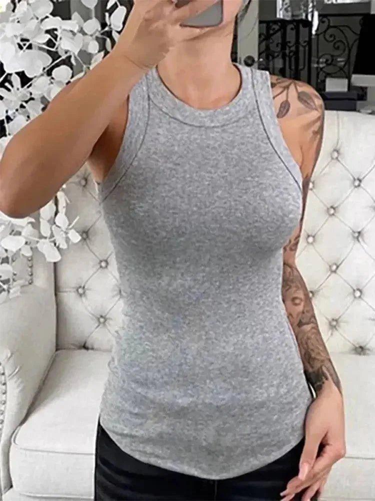 Gray sleeveless women's tank top with round neck, casual fit, perfect for everyday fashion and style.