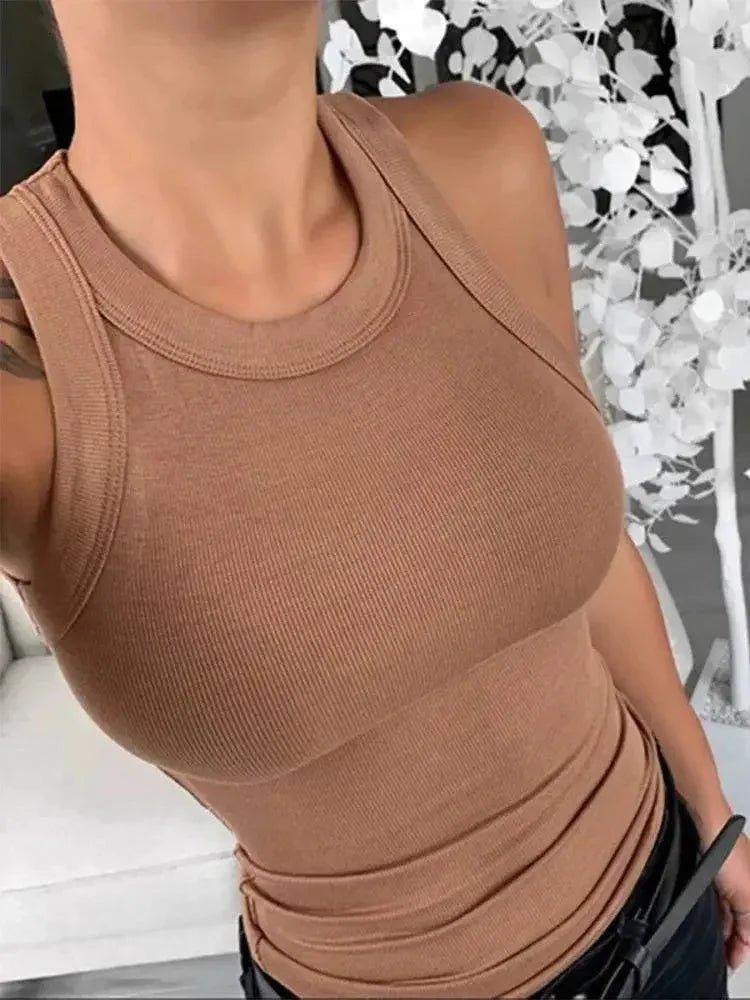 Brown ribbed tank top for women, stylish and form-fitting, perfect for casual fashion
