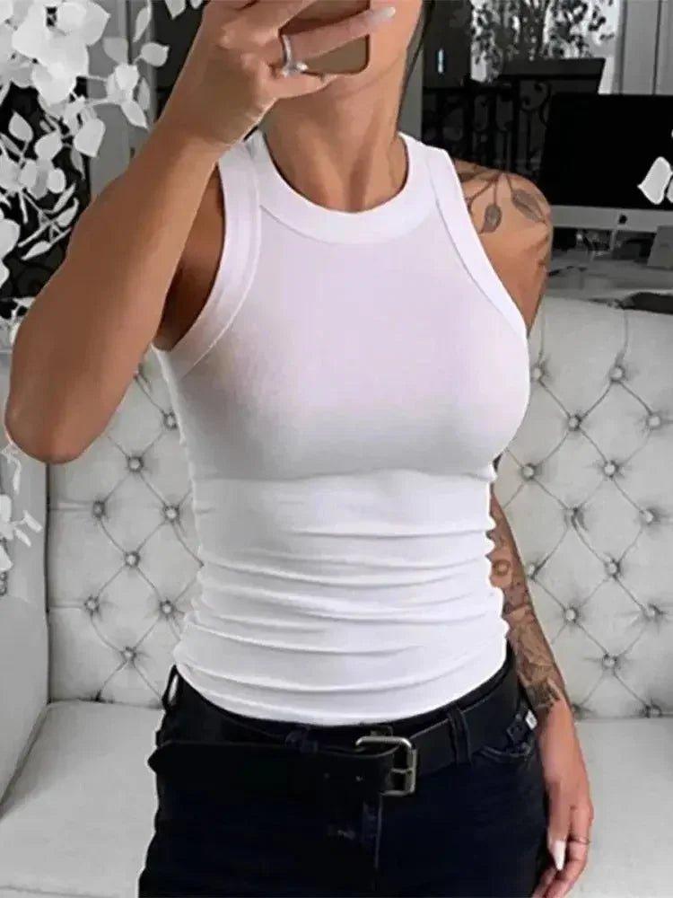 White ribbed tank top for women, stylish sleeveless fashion top with fitted design