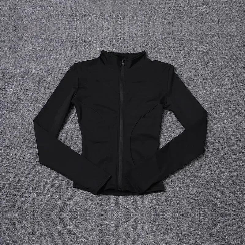 Black women's zip-up athletic jacket for fitness and casual wear