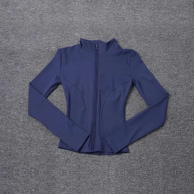 Navy blue women's long sleeve zip-up athletic jacket for fitness and yoga