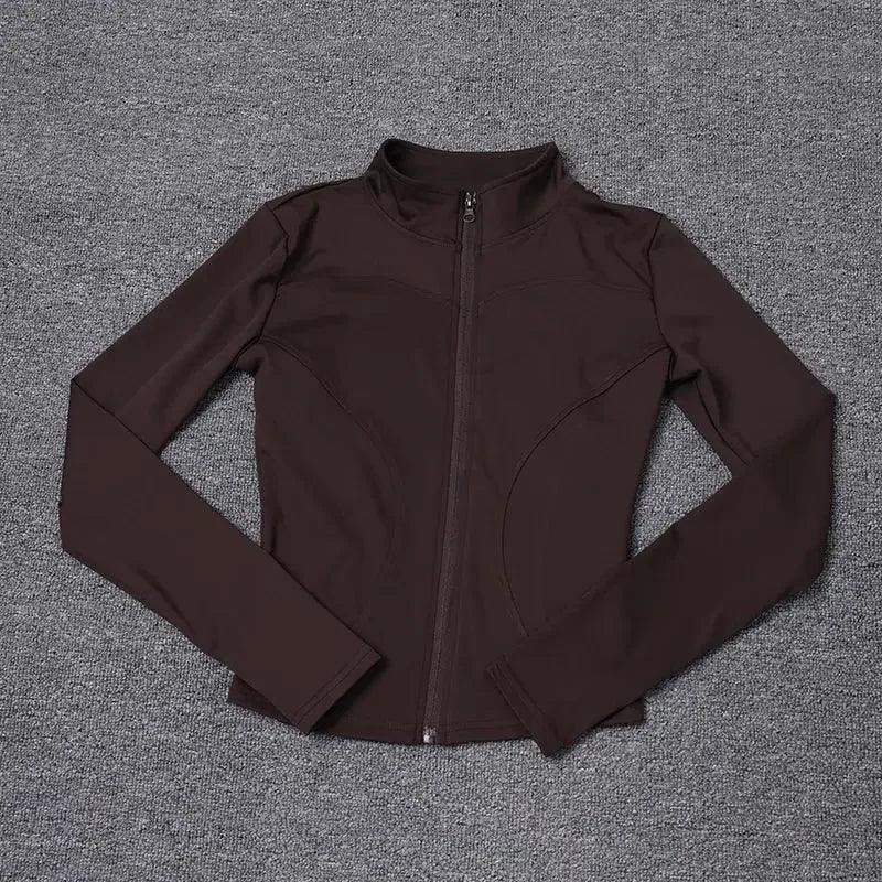 Brown women's zip-up athletic jacket with long sleeves and high collar, ideal for fitness and casual wear.