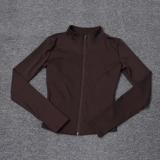 Brown women's zip-up athletic jacket with long sleeves and high collar, ideal for fitness and casual wear.