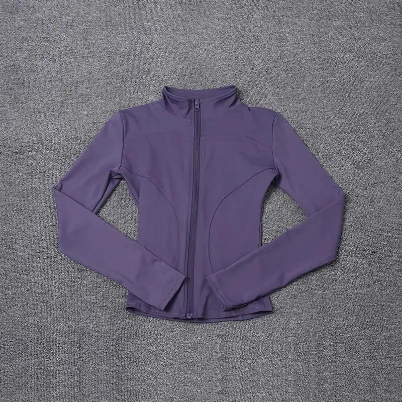 Purple women's long sleeve zip-up athletic jacket for fitness and fashion