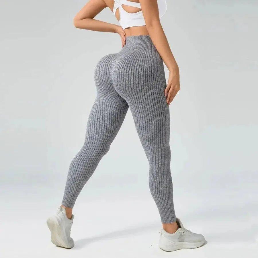 Gray ribbed high-waist leggings with white sports bra, women's fashion activewear