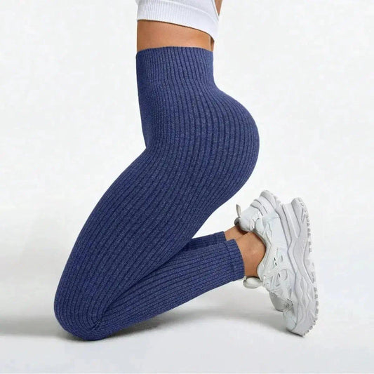 Navy ribbed high-waist leggings with white sneakers, women's fashion activewear