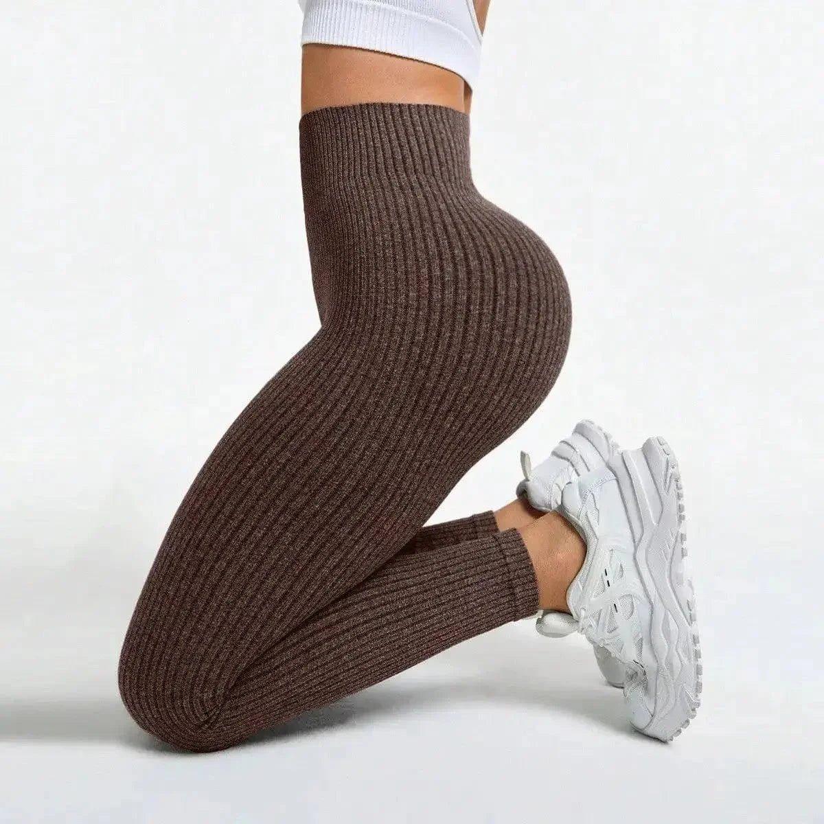 Brown ribbed high-waist leggings with white sneakers, women's fashion activewear