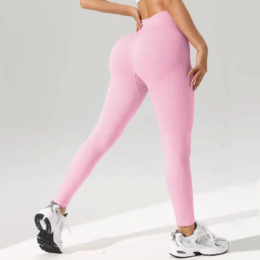 Pink ribbed high-waist leggings with white sneakers, women's fashion activewear