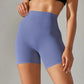 Lavender high-waisted biker shorts for women, perfect for yoga and fitness workouts