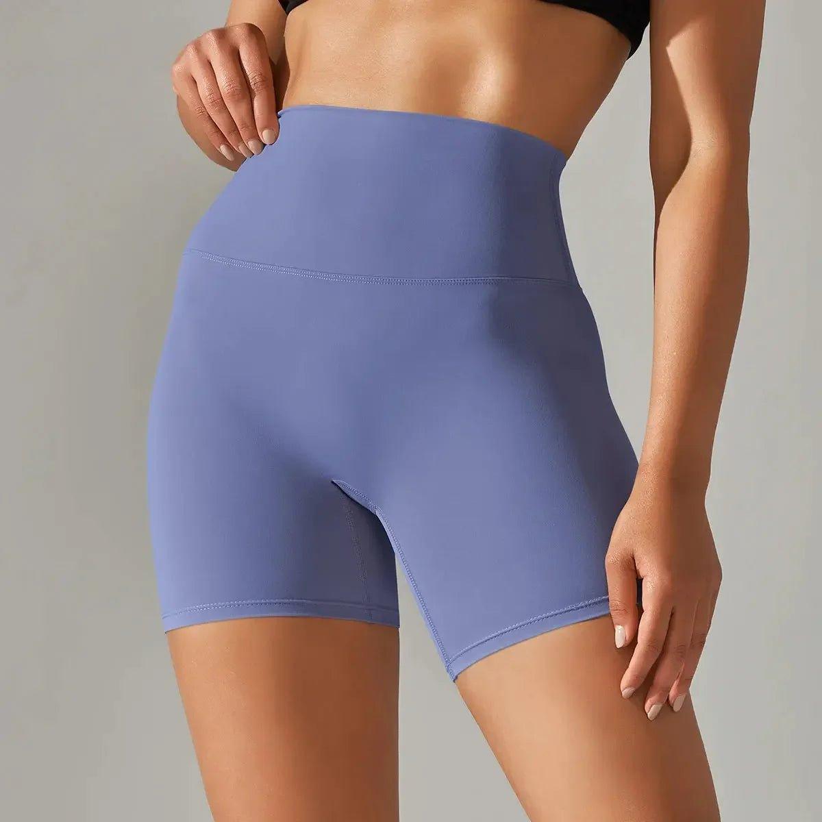 Lavender high-waisted biker shorts for women, perfect for yoga and fitness workouts