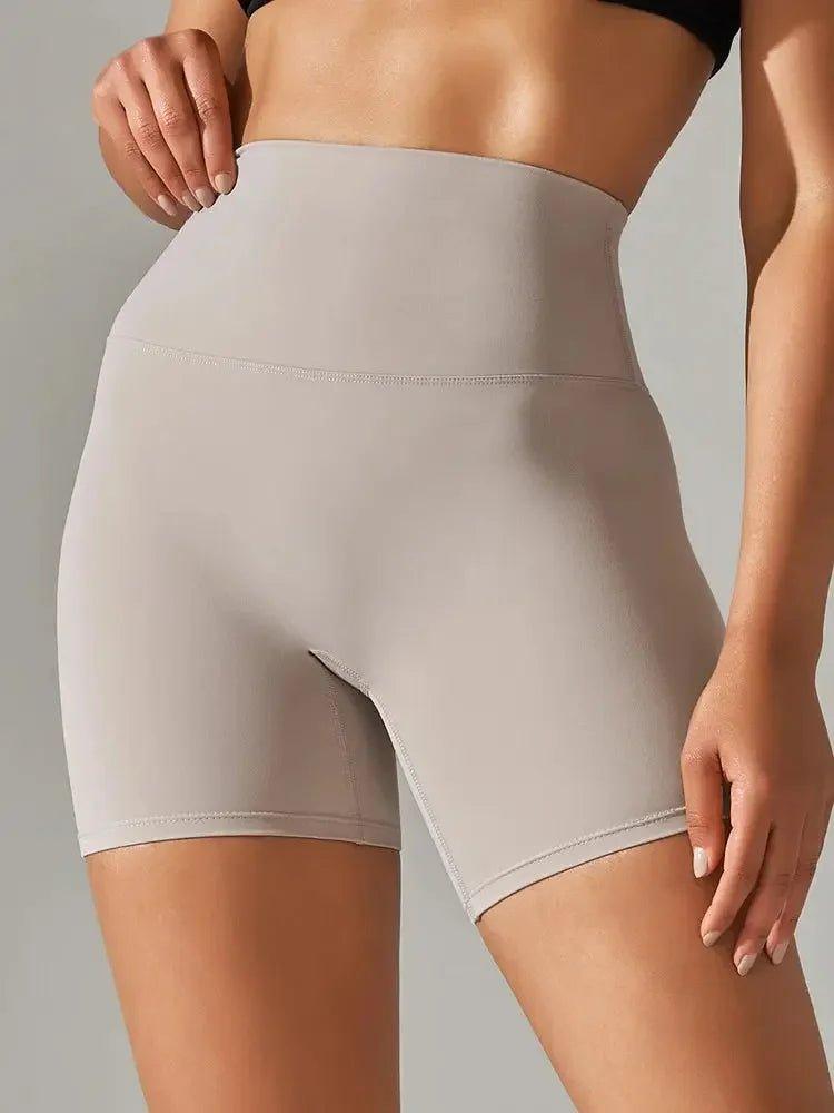 High-waisted beige biker shorts for women's fashion and comfort