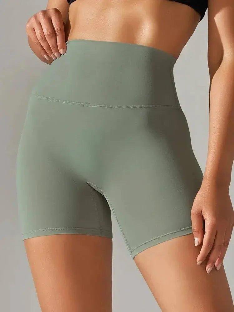 High-waisted olive green women's workout shorts for fitness and yoga