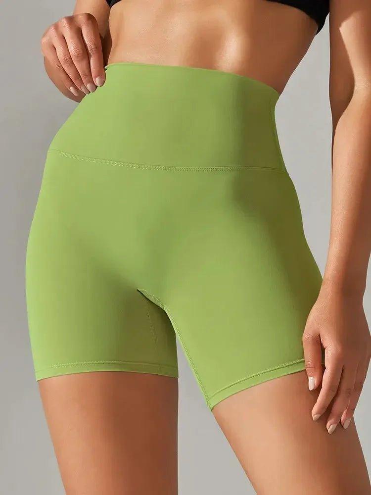 Green high-waisted biker shorts for women's fashion and fitness