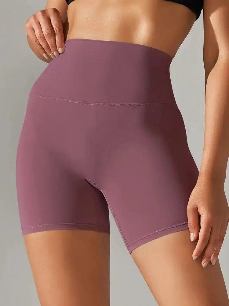 Purple high-waisted women's bike shorts for fitness and casual wear